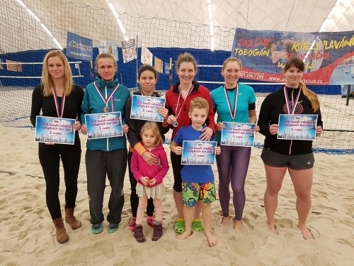 Vítězné ženy - zleva: 3.místo (Radka Blasczyková, Jitka Dvořáková), 2.místo (Veronika Chladová, Pavlína Spilková), 1.místo (Ivana Votípková, Kateřina Šmídová), dole: dcera Michala Brabce a syn Pavlíny Spilkové